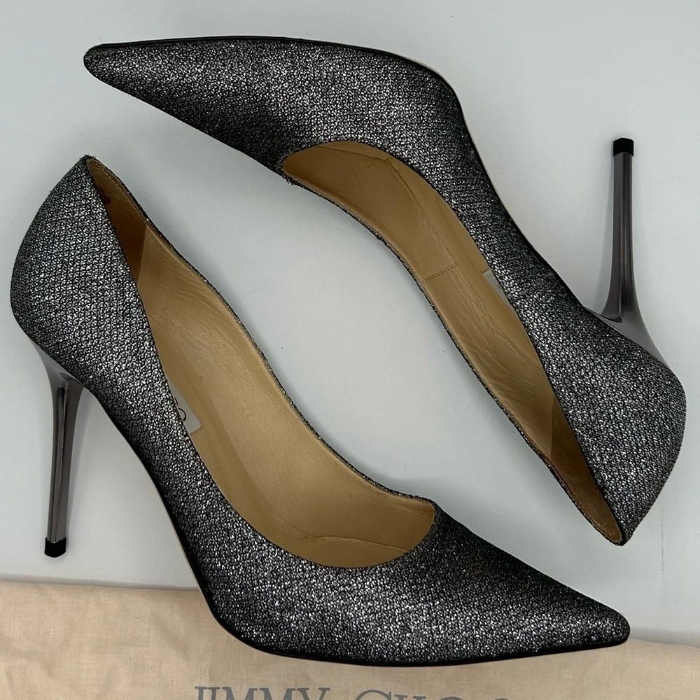 Jimmy Choo Sz 38.5 Shoes Silver Grey Glitter Women's Heels - Picture 3 of 11
